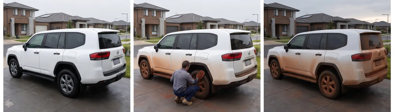 Three frames of the same white LandCruiser 300 on a suburban driveway: washed and clean, part way through the application with the owner working around a wheel arch, and finished with dust carried up the lower quarter and across the tailgate.