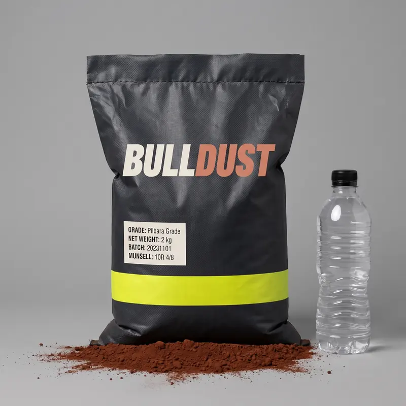 A 2 kg Day Tripper bag stood on a studio floor with a water bottle beside it for scale and a small spill of red dirt.
